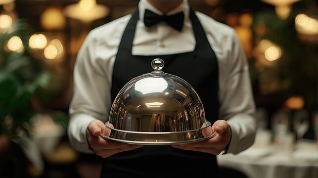 Waiter carrying a tray with food cloche.