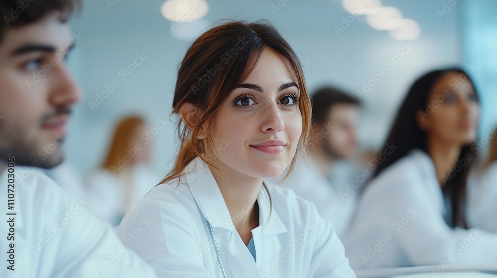 Poster a group of students in lab coats engaged in a classroom setting.