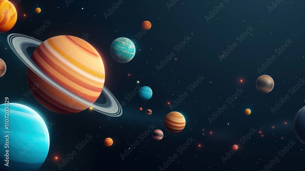 Aufkleber fantastic planets of different colors and sizes 3d rendering image. learning cosmos in primary schoo