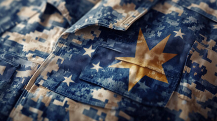Close-up of a military uniform showing a detailed pattern with a gold star, symbolizing readiness and patriotism.