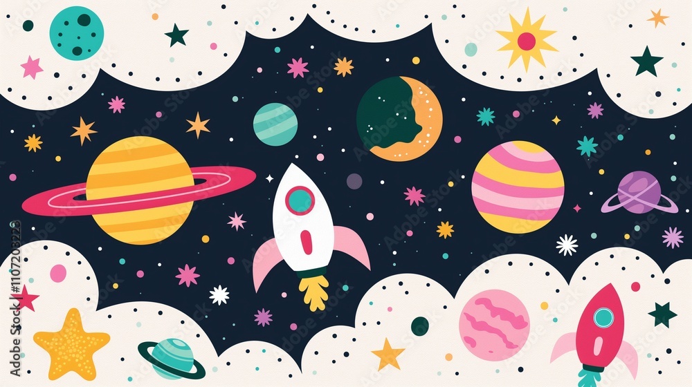 Poster rocket flying in fantasy space background image. planets and spaceship in starry sky flat colorful i