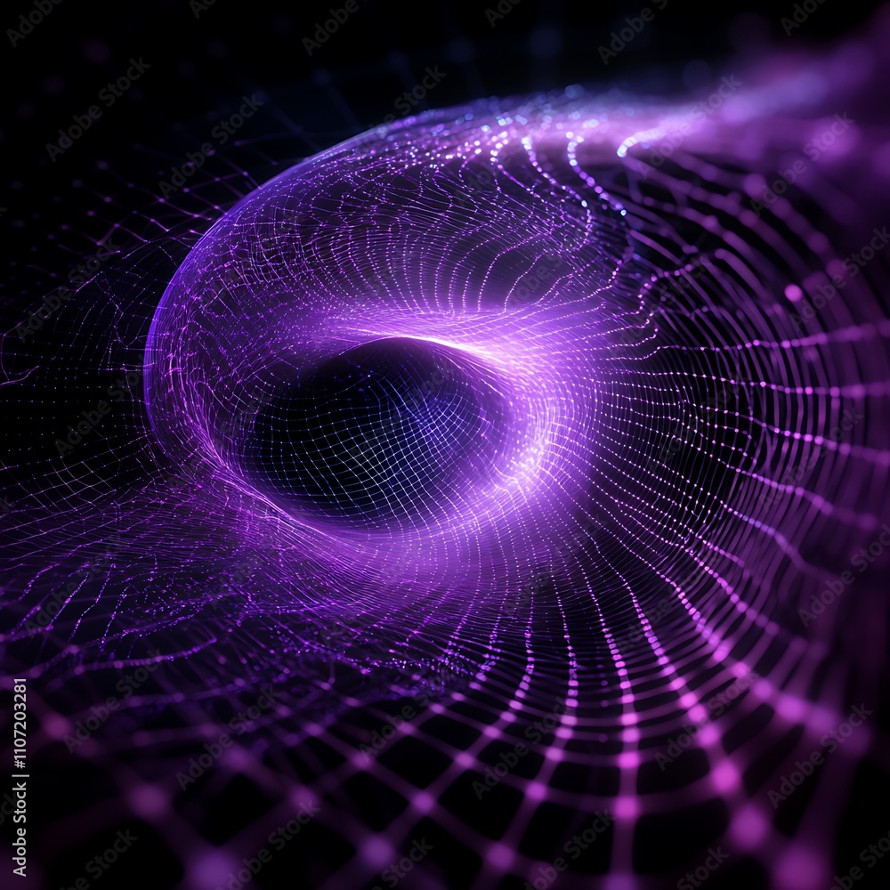 Poster abstract purple vortex design with glowing particles and mesh grid on a dark background for digital 