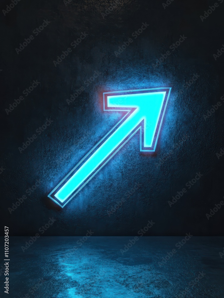 Poster glowing bright blue arrows on dark background with mock up place. up and trend concept. 3d rendering