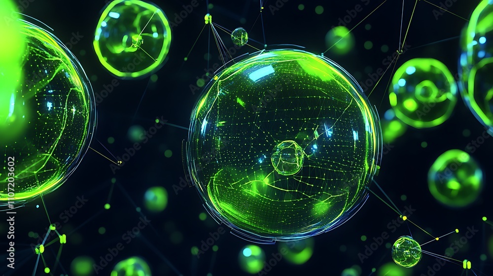 Aufkleber abstract representation of green bubbles in a dark space with data connections and glowing effects