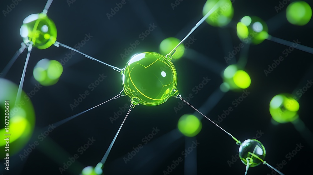 Poster abstract representation of green glowing molecular structures interconnected in a dark background