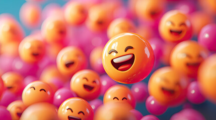 A vibrant assortment of cheerful orange emojis floating amidst playful pink spheres, creating a joyful atmosphere.