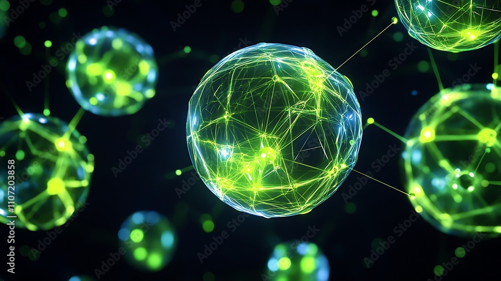 Poster abstract representation of interconnected glowing spheres depicting network systems and technology c