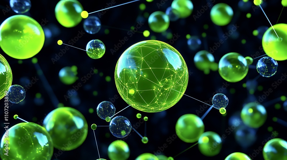 Poster abstract representation of interconnected green spheres and molecules on a dark background with glow