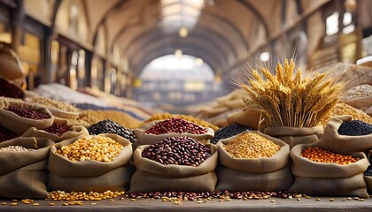 Fototapeta premium Vibrant market grains display with sacks under arched roof, perfect for organic food ads
