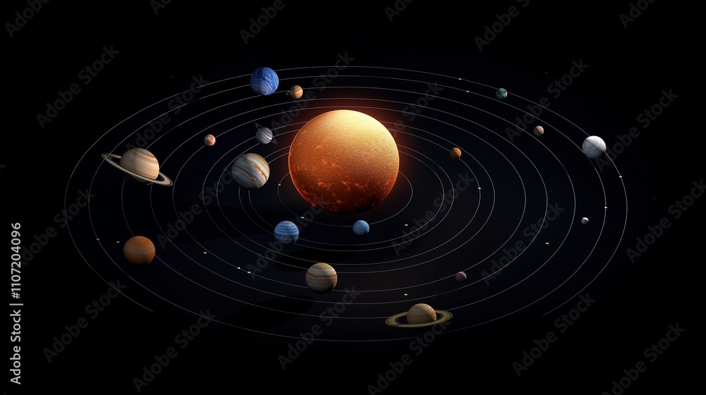 Poster colorful planets and glowing stars in dark space 3d rendering image. solar system model against void