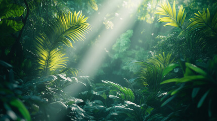 Obraz premium Tropical jungle with dense foliage and soft light rays