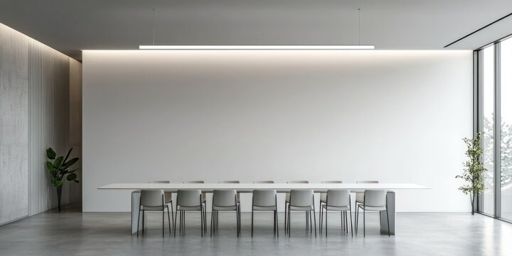 A sleek aluminum ceiling lamp mockup in a minimalist dining area, featuring a long dining table and modern chairs