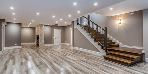 Obraz premium Modern Basement Interior with Wooden Stairs and Hardwood Flooring