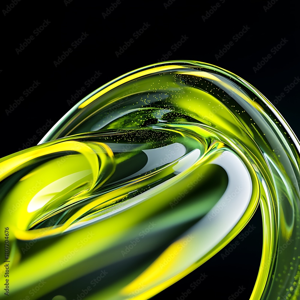 Poster abstract vibrant swirling yellow and green liquid shapes creating a dynamic flowing effect on a dark