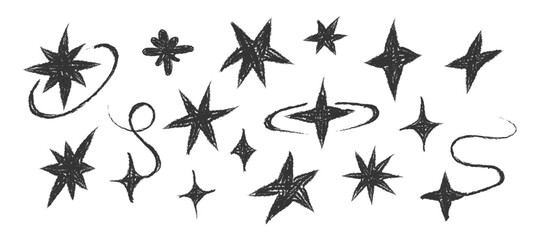 Fototapeta premium Chalk pencil stars and sparkles doodle set. Crayon Twinkle shape. Design Y2K elements. Black Textured figures