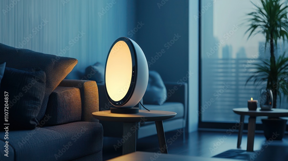 Poster a smart lamp mockup showcasing a futuristic design with touch controls, placed on a modern side tabl