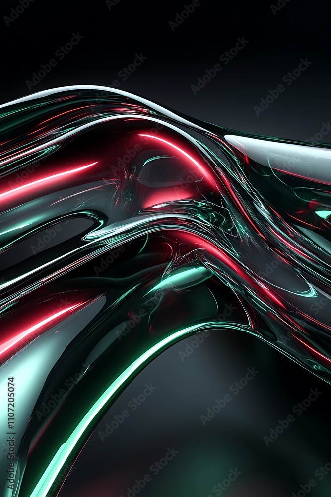 Poster abstract wave in glossy red and green tones with fluid motion on black background