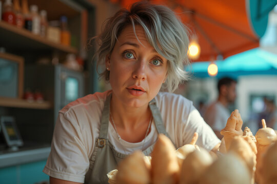 Woman with short blonde hair, wearing a white apron and standing behind a counter filled with various pastries, appears to be a baker or pastry chef.