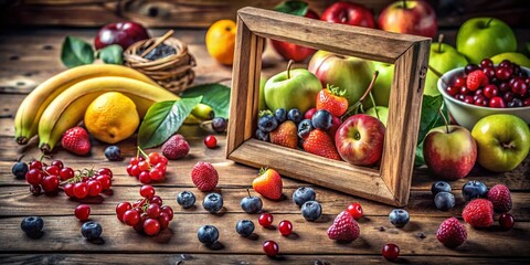 Vibrant Arrangement of Fresh Fruits in a Wooden Frame on a Rustic Table Capturing the Essence of Nature's Bounty for Healthy Living and Culinary Inspiration