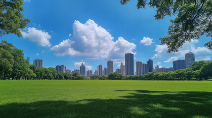 Fototapeta premium Scenic view of the park with green grass field in city and a cloudy blue sky background Beautiful green park.