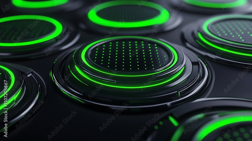 Poster close-up view of black buttons with green light effects on a dark background for modern technology c