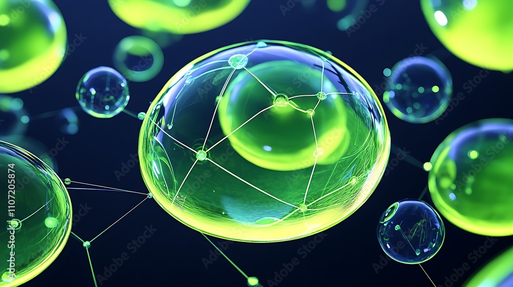 Poster close-up view of abstract green bubbles with molecular connections in a dark background