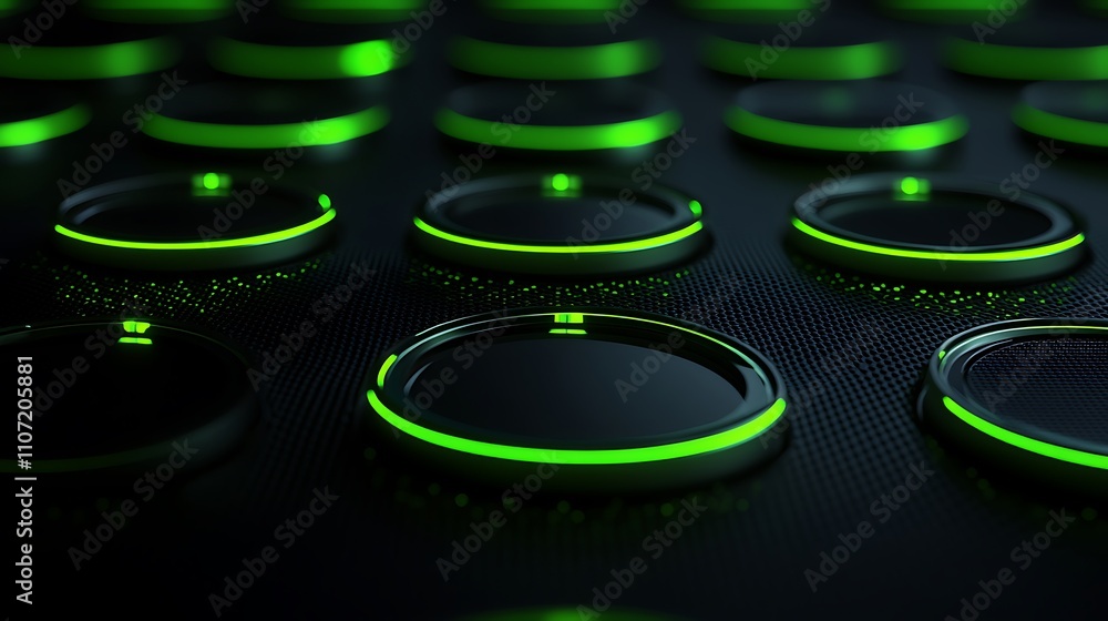 Poster close-up view of glossy black buttons with neon green edges on a dark surface for modern technology 