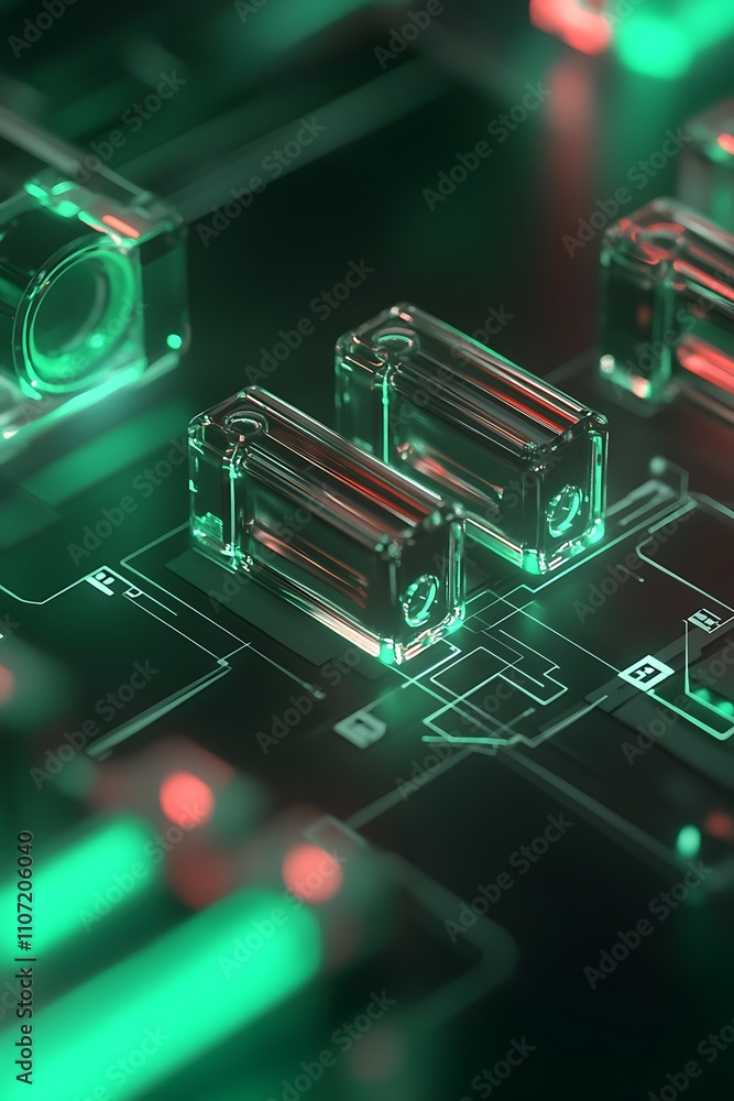 Poster close-up view of transparent electronic components on circuit board with glowing green and red light