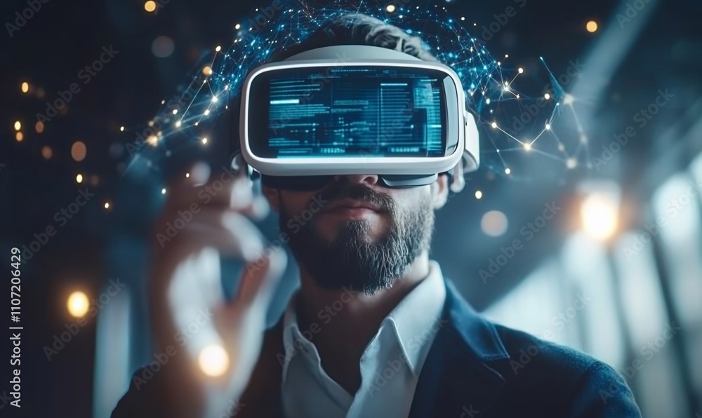 Poster a man wearing a virtual reality headset interacts with digital data.