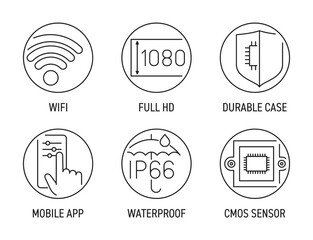 Security CCTV camera general features icons set in thin line and circles