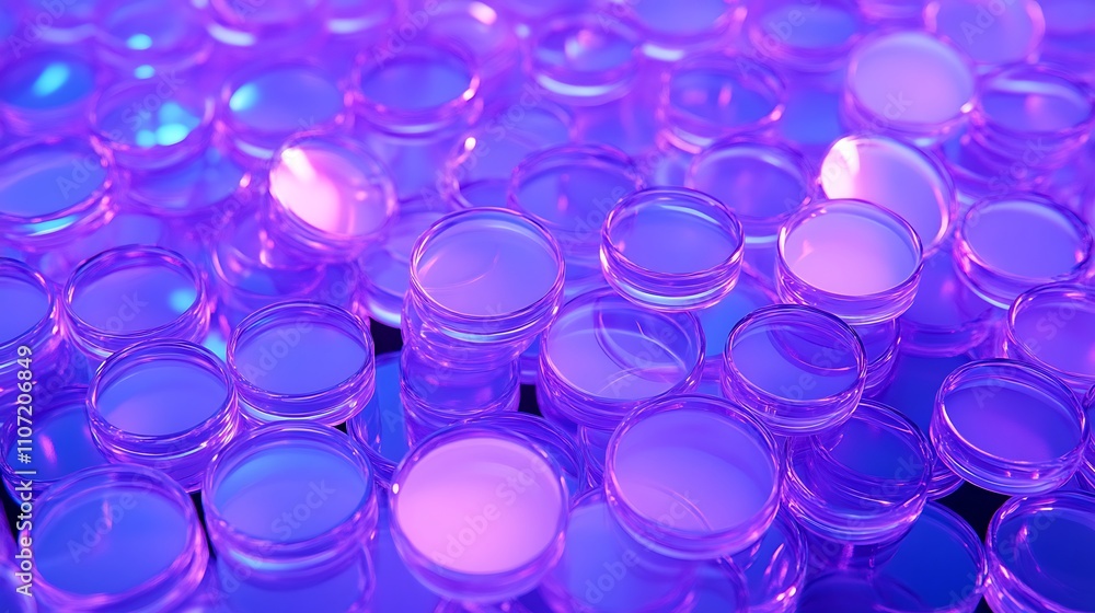 Poster colorful arrangement of transparent jars illuminated by vibrant purple light creating a mesmerizing 