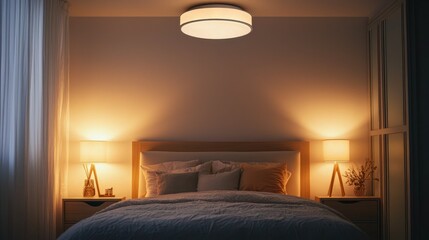 A stylish flush mount ceiling lamp mockup in a contemporary bedroom, casting ambient light over a beautifully made bed and nightstands