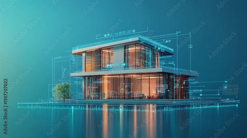 Poster a modern architectural design with digital blueprints overlay.
