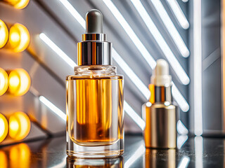 Naklejka premium Close up of a serum bottle with a metallic label. Beauty Product Background