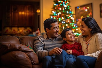 Christmas celebration, party, New Year, Happy Latin American, Hispanic, Mexican family together smiling on couch concept, tasty dishes, meals, smiling, talking to each other, cozy background.