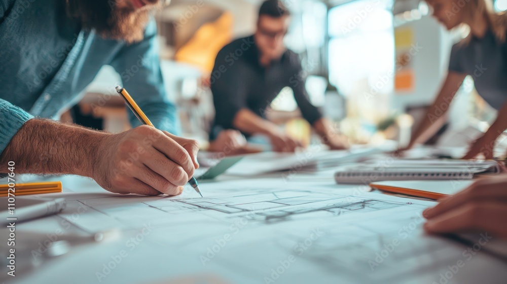 Poster a time-lapse shot of an architect at work, sketching designs and collaborating with colleagues in an