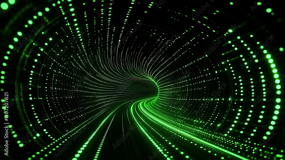 Poster Digital Tunnel with Flowing Green Lights and Dots Creating a Futuristic Abstract Background Effect