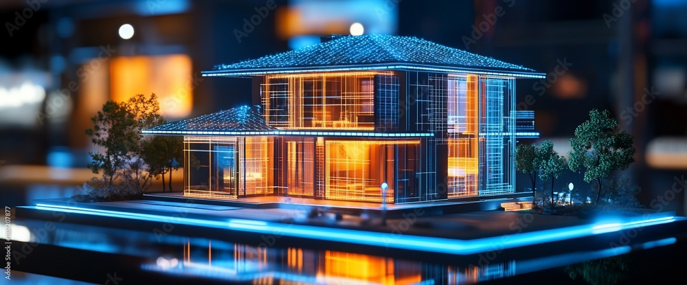 Poster a modern architectural model illuminated with vibrant colors.
