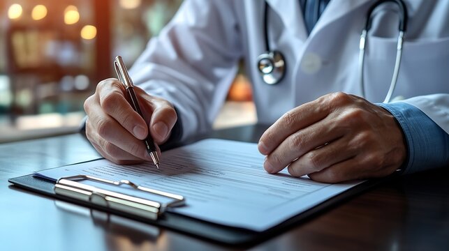 Medical Professional Hands Writing Notes on Clipboard for Hospital Schedule or Healthcare Record