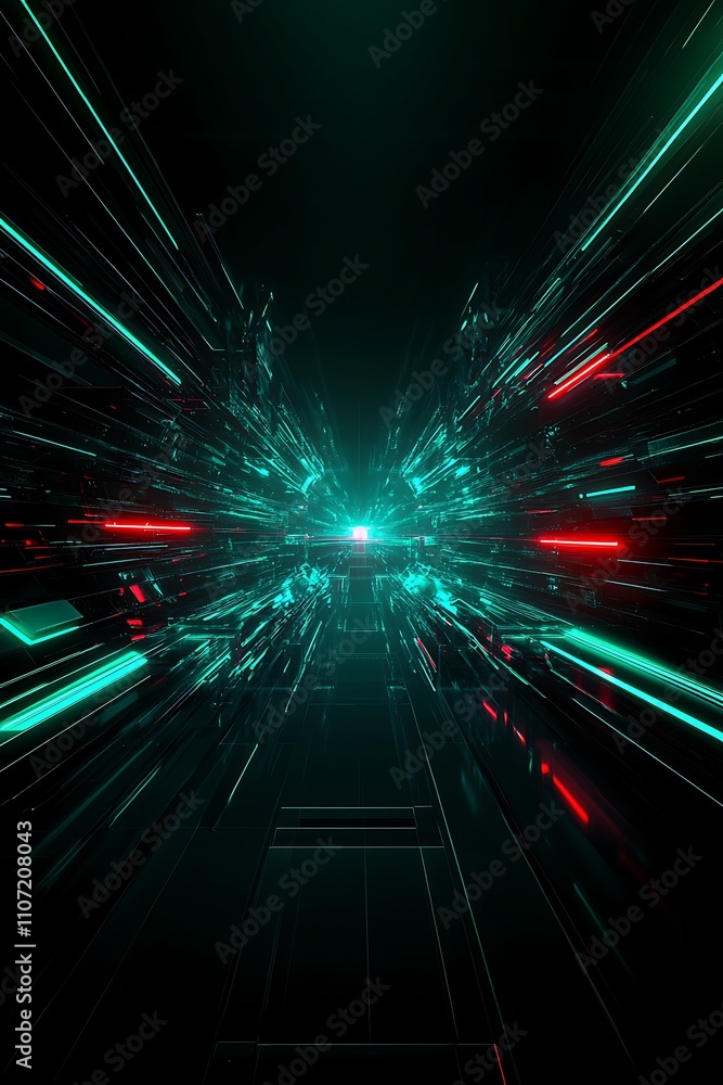 Poster dynamic futuristic tunnel with neon lights in green and red color scheme and abstract lines moving f