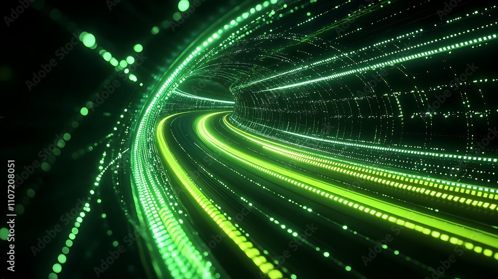 Poster dynamic green light trails in futuristic tunnel with glowing particles and abstract motion effects