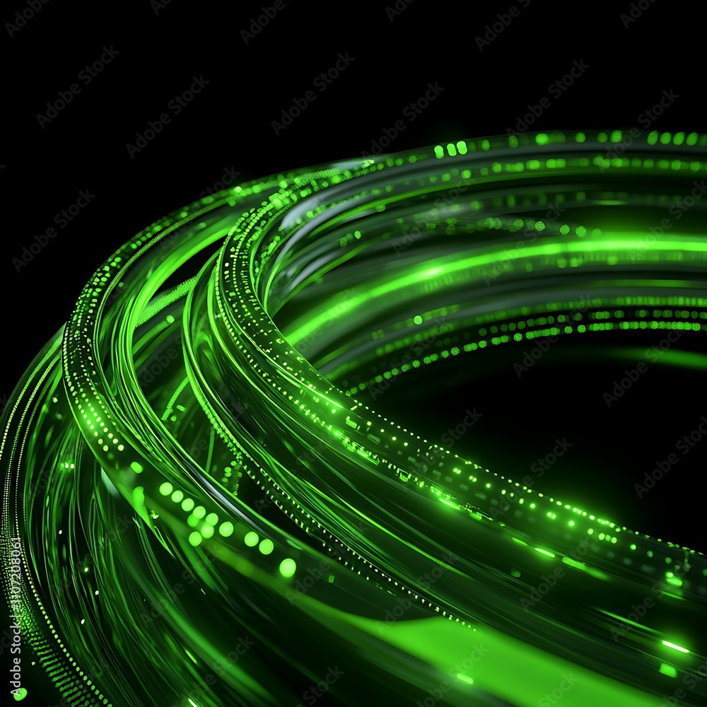 Poster dynamic green light trails swirling in an abstract pattern against a dark background for visual effe