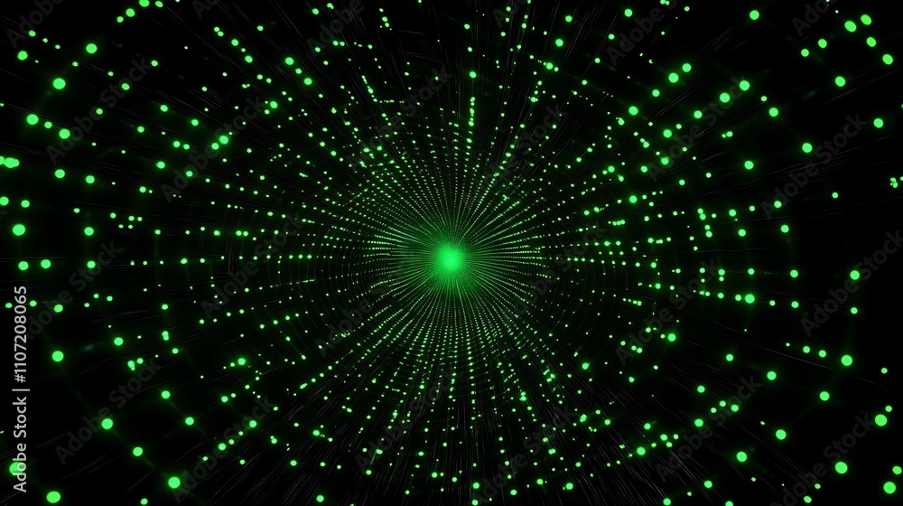 Poster dynamic green light particles in abstract space with radiating lines and vibrant energy effect