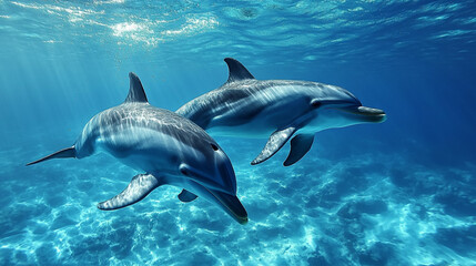 Naklejka premium Two dolphins swimming in a blue pool, smiling and enjoying the water