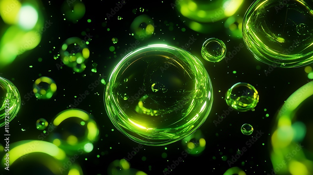 Poster ethereal green bubbles floating in dark space with light reflections and bokeh effect