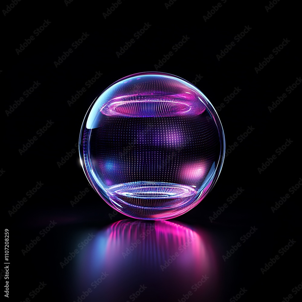 Poster ethereal light sphere with colorful glow in dark background, futuristic design and abstract style