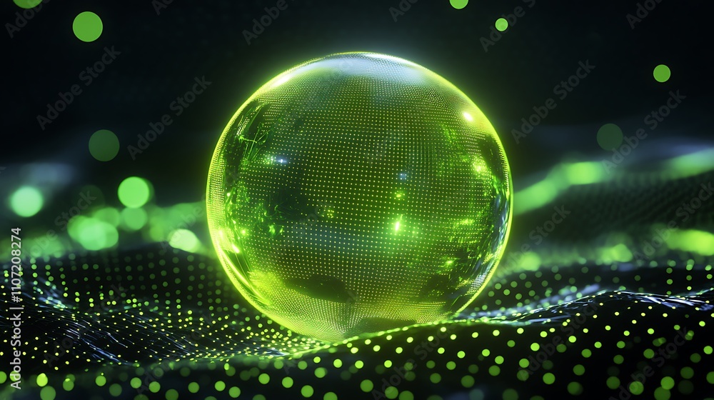 Aufkleber ethereal green sphere with digital texture surrounded by glowing particles in a dark environment