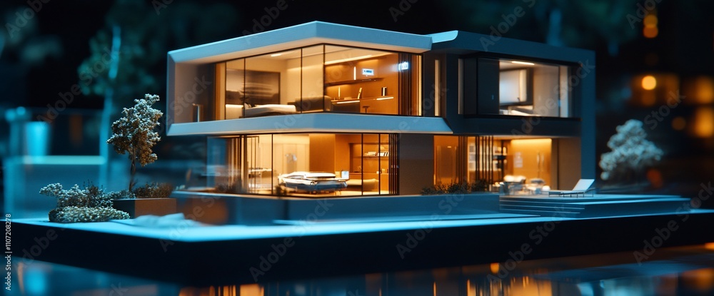 Poster a modern architectural model showcasing sleek design and ambient lighting.