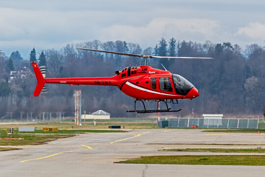 Bell 505 Jet Ranger X helicopter from Mountain Flyers arriving at Bern-Belp airport. 
