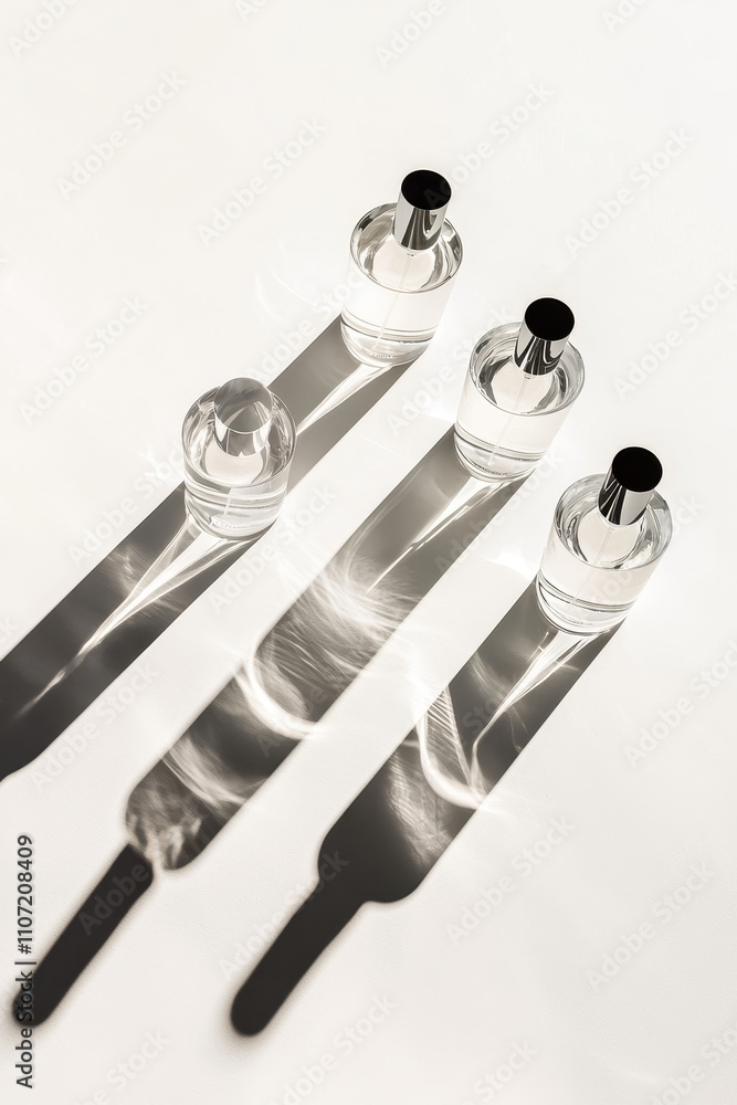 Poster elegant glass bottles casting long shadows: a minimalistic composition of transparency and reflectio